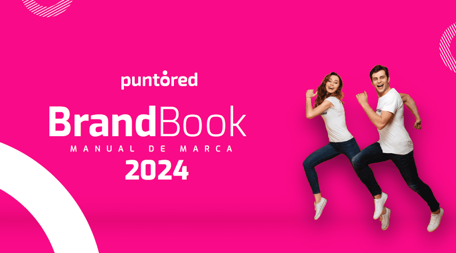 Dos personas saltando con camisas blancas y vaqueros sobre un fondo rosa brillante. El texto dice: «Puntored BrandBook Manual de Marca 2024».
